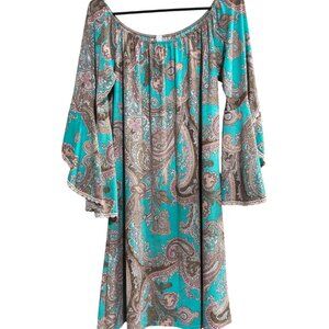 Honeyme Size Large Teal Paisley Boho Bell Sleeve Dress